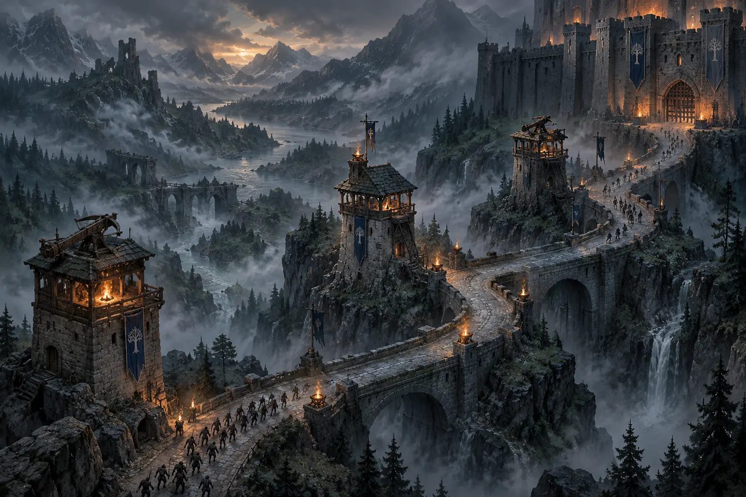 Concept illustration of defensive towers along a mountain road leading to a fortress